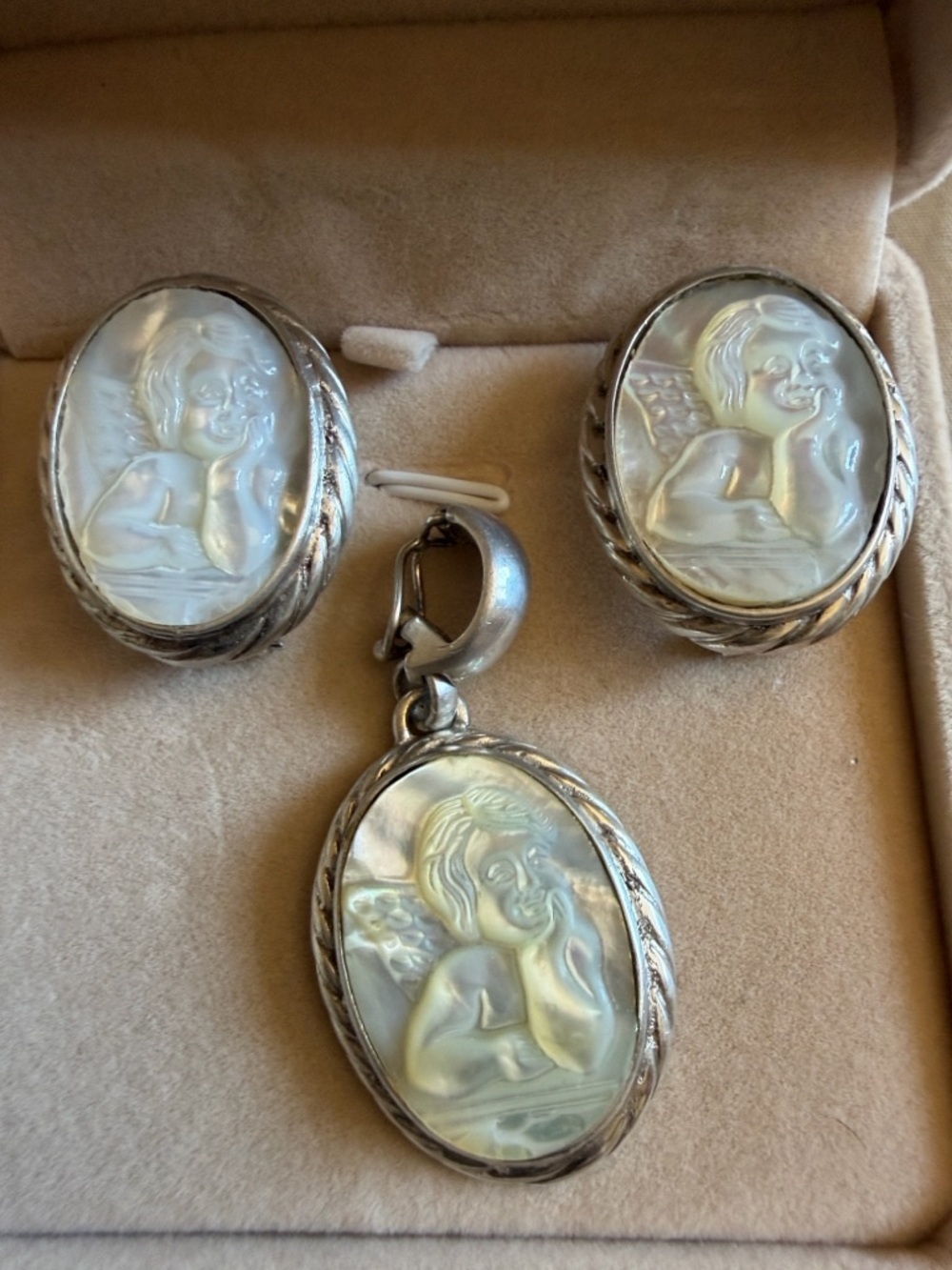Mother of Pearl Angel Cameo Earrings and Pendant Set - White and silver